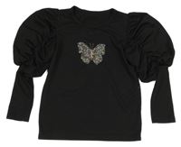 Černé žebrované triko s motýlkem a nařasenými rukávy Shein