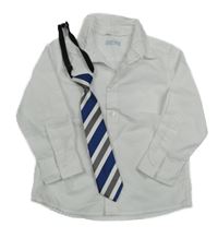 2set - Bílá košile + modro-bílo-šedá pruhovaná kravata H&M