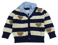 Smetanovo-tmavomodrý pruhovaný propínací svetr s medvídky a košilovým límcem 