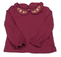 Vínové triko s květovaným límečkem Tu