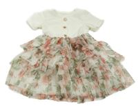 Bílo-zeleno-růžové žebrované šaty s květovanou vrstvenou tylovou sukní 