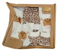 Nové - 6set - Bílé body s žirafou + čepice + bryndák + triko + tepláky + capáčky 