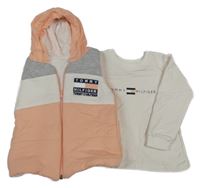 2set - Bílé mikinotriko s logem + růžovo-bílo-šedá tepláková zateplená kombinéza s kapucí - Tommy Hilfiger 