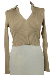 Dámský béžový žebrovaný crop svetr s límečkem H&M