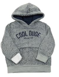 Tmavomodro-šedá melírovaná chlupatá mikina s nápisem a kapucí C&A