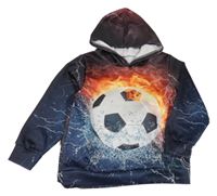 Černo-modrá sportovní mikina s míčem a ohněm a kapucí