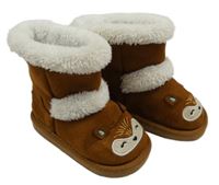 Medové semišové zimní válenky s liškami vel. 25