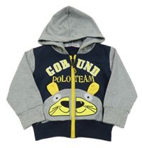 Šedo-tmavomodrá propínací mikina s medvědem a kapucí 