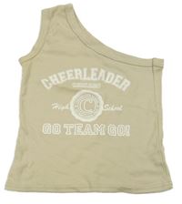 Béžový asymetrický top s nápisem 