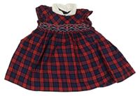Červeno-tmavomodré kostkované šaty s květy a límečkem Confiture
