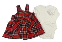 Nové - 2set - Červeno-černo-bílé kostkované vlněné šaty + bílé body F&F