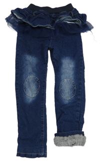 Tmavomodré zateplené rifle s volánky 