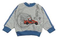 Šedo-modrá mikina s autem a nápisem 