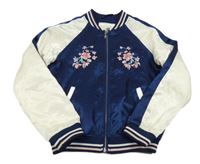 Tmavomodro-bílá saténová jarní bunda s kytičkami H&M