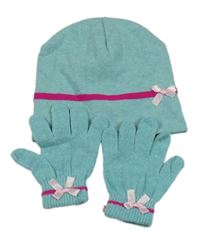 2set - Tyrkysová pletená čepice + prstové rukavice s mašlí