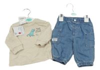 Nové - 2set - Modré rifle + béžové triko s dinosaury George 