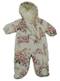 Smetanová manšestrová zimní kombinéza s květy a kapucí Next