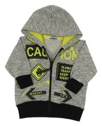 Šedá melírovaná propínací mikina s nápisem a kapucí 