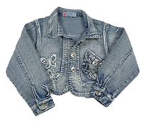 Modrá riflová crop bunda s motýly a flitry 