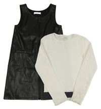 2set - Černé koženkové propínací šaty + bílé žebrované crop triko Primark