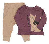 2set - Fialové triko s kočkou + starorůžové tepláky Primark