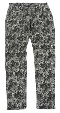 Šedo-černé květované skinny sametovo/manšestrové kalhoty F&F