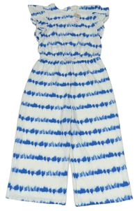 Bílo-modrý pruhovaný batikovaný vzorovaný kalhotový culottes overal s volánky zn. PRIMARK
