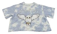 Světlemodro-bílé batikované melírované crop tričko s Hedwigou - Harry Potter H&M