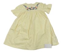 Žluto-bílé pruhované krepové šaty s kytičkami a volánky Mothercare