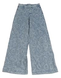 Modré šisované široké kalhoty riflového vzhledu se smajlíky H&M