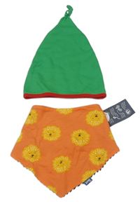 2Set - Zeleno-červená čepice + oranžový oboustranný šátek/slinták se lvíčky KITE