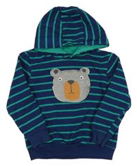 Tmavomodro-zelenomodrá pruhovaná mikina s medvídkem a kapucí lupilu