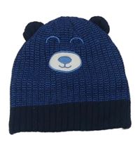 Tmavomodro-modrá melírovaná pletená čepice s medvídkem Topomini