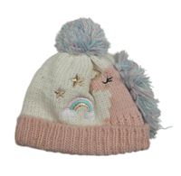 Smetanovo-světlerůžová pletená čepice s jednorožcem a bambulí