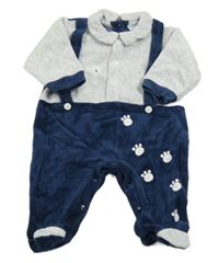 Tmavomodro-světlešedý sametový overal s medvídkem a tlapkami a límečkem 