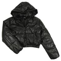 Černá prošívaná koženková zateplená crop bunda s kapucí New Look