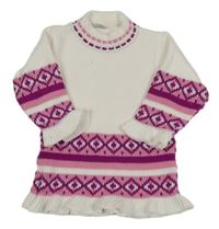 Bílo-růžovo-borůvkový vlněný rolák se vzorem a volánky