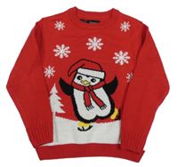 Červeno-bílý pletený svetr s tučňáčkem bpc