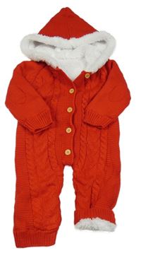 Červená pletená zateplená kombinéza se vzorem a kapucí 