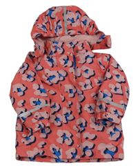 Korálovo-pudrovo-modro-tmavomodrá vzorovaná šusťáková jarní bunda s odepínací kapucí TCM