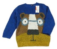 Nové - safírovo-okrový melírovaný svetr s medvídkem George