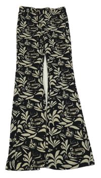 Černo-světlebéžové vzorované žebrované flare kalhoty s hady a srdíčky shoeby