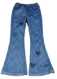 Modré flare kalhoty riflového vzhledu se srdíčky 