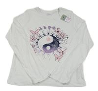 Nové - bílé triko se sluncem - jin a jang a motýlky PRIMARK