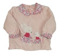 Světlerůžová sametová zateplená mikina se zajíčky a kytičkami a límečkem 