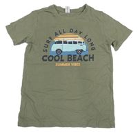 Khaki tričko s autobusem a nápisy dopodopo