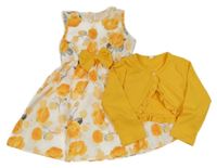 2Set - Bílo-oranžové šaty s růžemi a mašlí + oranžovožluté žebrované propínací bolérko s volánky
