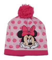 Světlerůžovo-tmavorůžová puntíkatá plyšovo/pletená čepice s Minnie a bambulí Disney