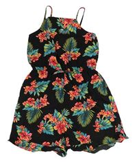 Černý květovaný lehký kraťasový overal s listy Primark