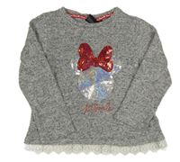 Šedé melírované úpletové triko s Minnie z flitrů a krajkou Primark